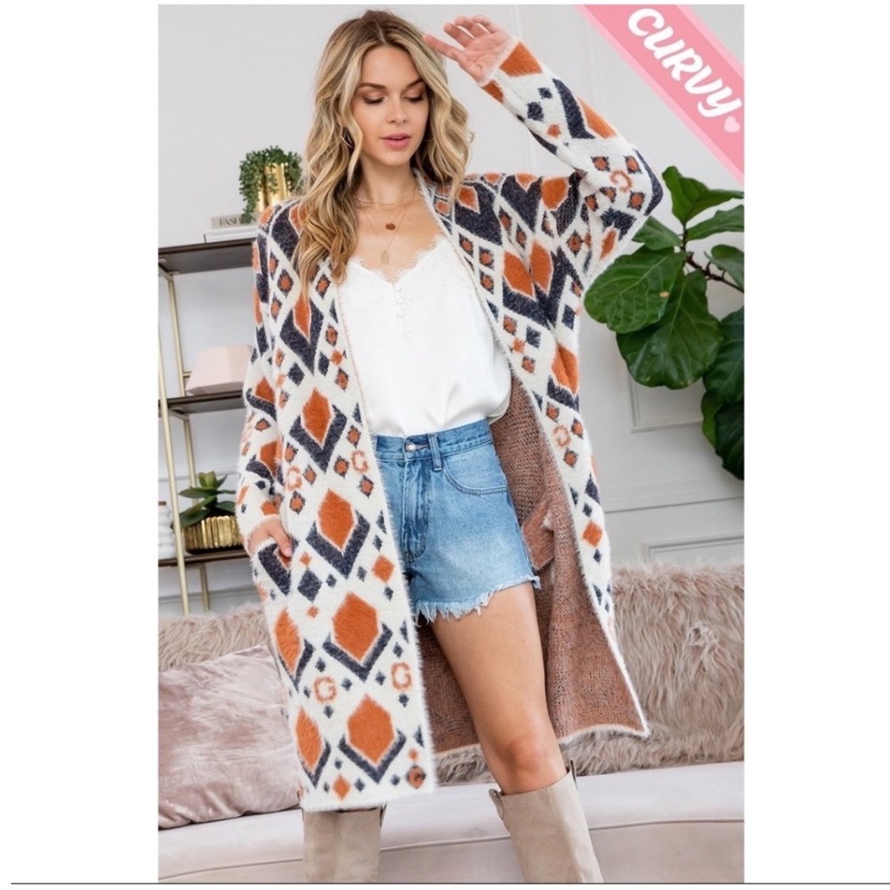 Sweet Lovely by Jen Cardigan Women M/L Orange Diamond Eyelash Knit Duster